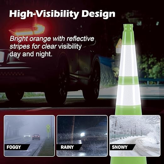 4 Pack 36" Green Traffic Control Cones – High-Visibility PVC Safety Cones with Black Base for Construction, Parking, and Crowd Control(36 inch -4 Pack)