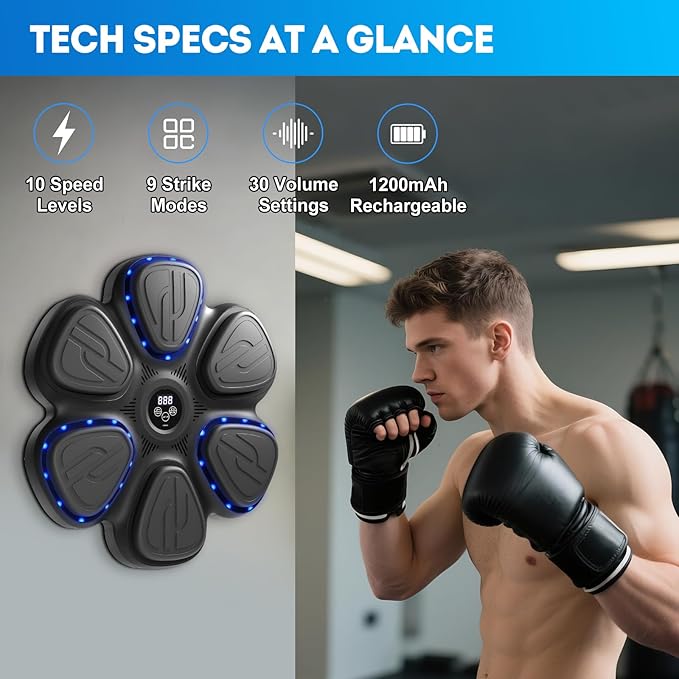 Music Boxing Machine, Bluetooth Punching Machine with Music, Wall-Mounted Punching Pad, LED Boxing Trainer with Gloves