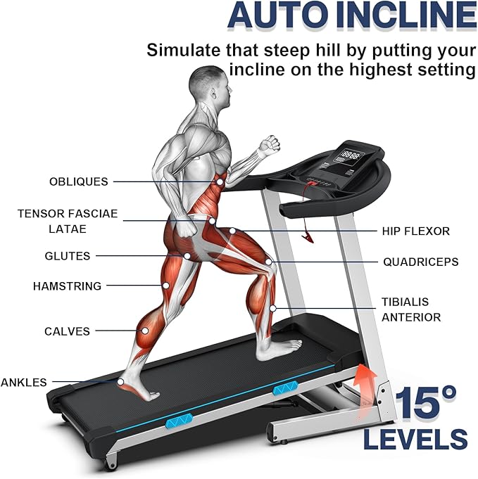 WELLFIT TM007 Auto Incline Treadmill, 4.0HP Heavyduty Treadmill for 400lbs+ Capacity, Adjustable Height for 5'2"- 6'4" Users, 95% Assembled, LED Console, 45*18 Large Area, 8.7MPH, Foldable Space Saver