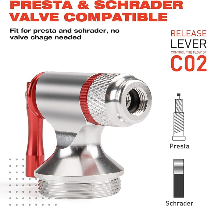 CO2 Inflator Kits with 6 X 16g / 25g CO2 Threaded Cartridges for Bike Tires, Presta and Schrader Valve Compatible, CO2 Bike Tire Pump for Mountain and Road Bicycles