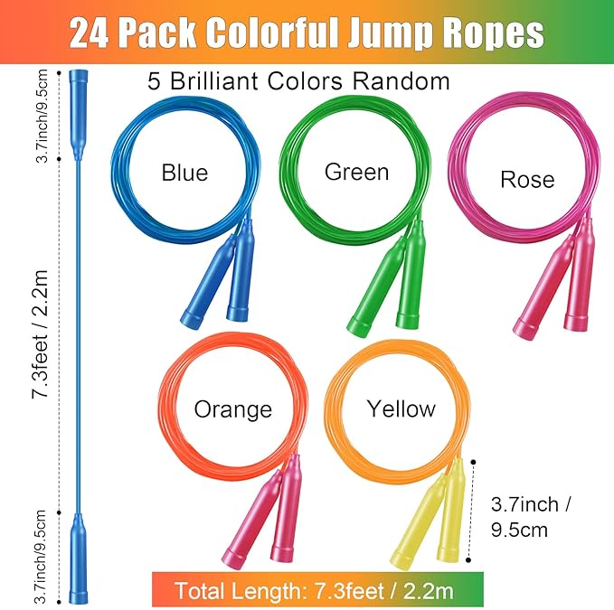 24 Pack Colorful Jump Ropes,7.3 Feet Jump Rope for Kids,Adjustable Outdoor Jump Ropes Skipping Rope,PVC Jumping Ropes Great Party Favor Sports Exercise Activities Birthday Gifts,Assorted Bright Colors