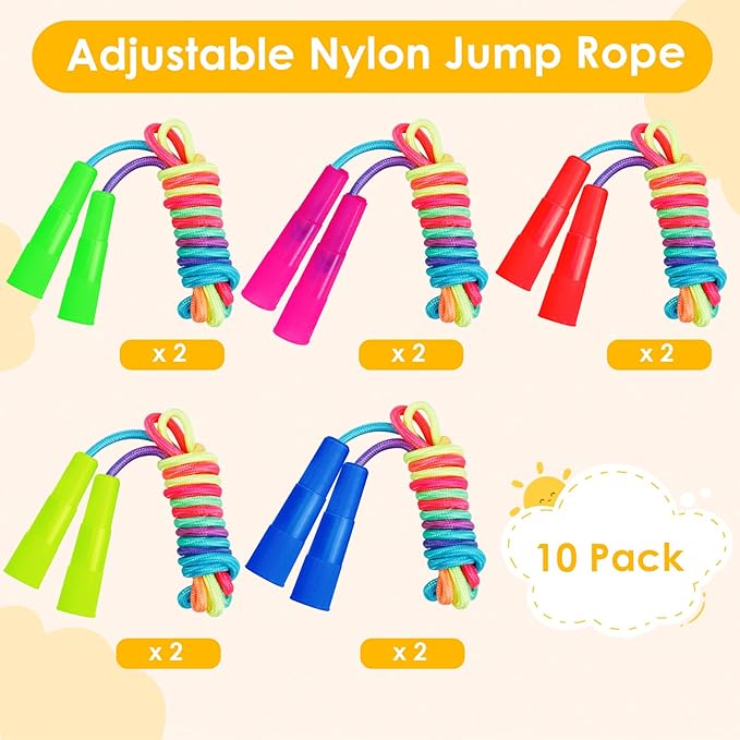 10 Pcs Jump Rope for Kids, 7.2Ft Adjustable Jumping Ropes, Skipping Ropes with Plastic Handles, Rainbow Jump Rope for Boys Girls Outdoor Fun Activity Party Favors