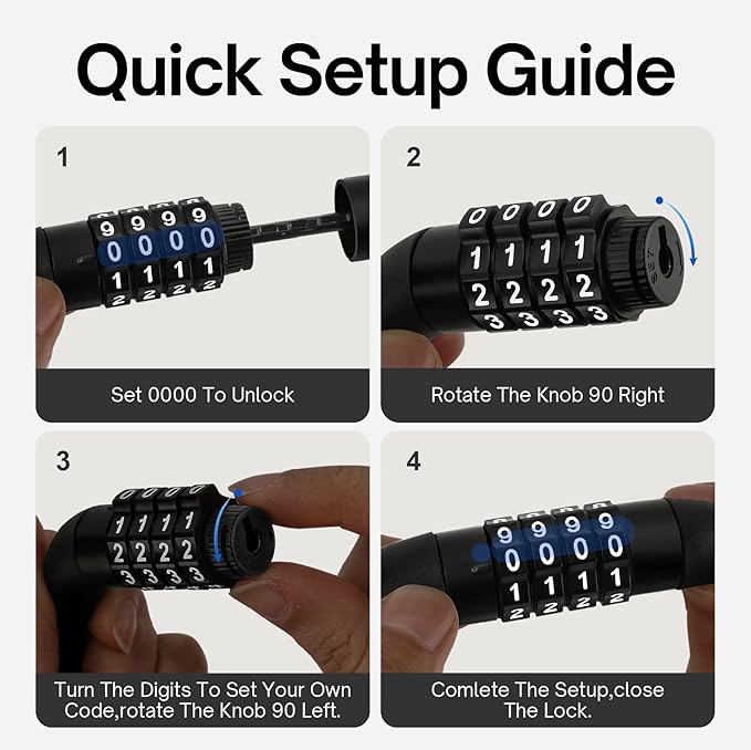 Light Bike Cable Lock Combination,4 Digit,4ft Long Resettable Combination High Security Bicycle Lock for Scooter, Mountain Bike,Kids Bike Lock,Vinyl-Coated Anti-Theft 5/16 in Diameter