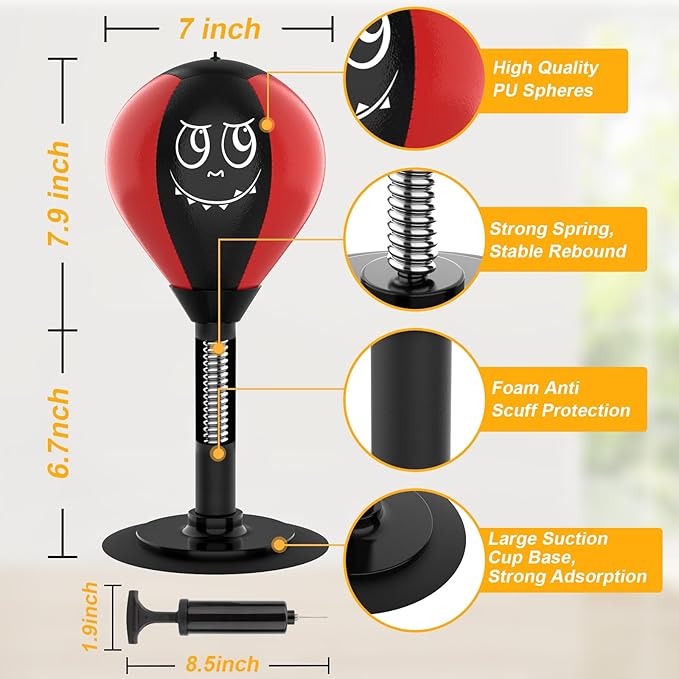 Strong Suction Desktop Punching Bag - Stress Relief Boxing Ball with Upgraded Durable Spring, Secured Office Home Desk Toy Gift for Kids, Friends, and Coworkers