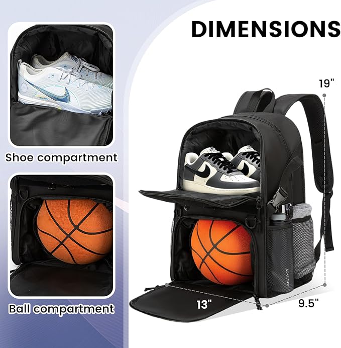 Basketball Bag Backpack with Ball Holder and Shoes Compartment,Best for Basketball, Soccer, Volleyball, Gym. (BLK)