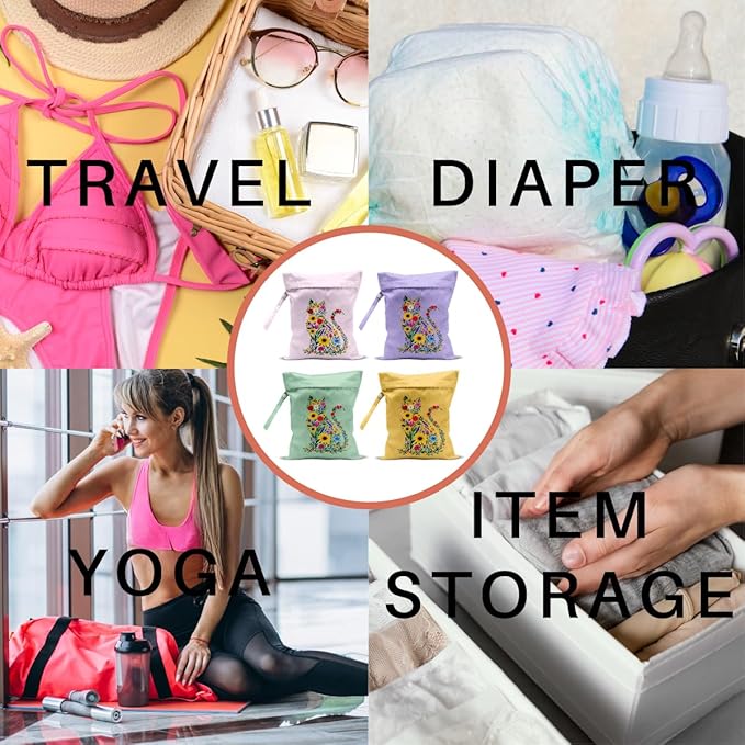 4 Pack Cute Wet Bag Waterproof Washable Reusable Wet Dry Bag for Swimsuit Clothes Cloth Diaper Travel Beach Pool Yoga Gym Party Camping Toiletries Travel Beach Essentials, Colorful Wildflowers