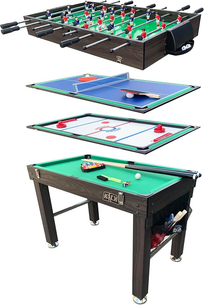 KICK Quad 48″ 4-in-1 Multi Game Table - Combo Game Table Set - Foosball, Billiards/Pool, Glide Hockey and Table Tennis for Home, Game Room, Friends and Family!