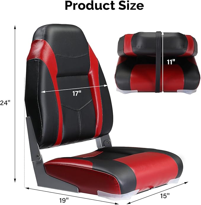 PEXMOR Boat Seats Low/High Back, Folding Boat Seat Included, Fold-Down Fishing Boat Seats Waterproof Captain Boat Seat w/Aluminum Hinges & Thick Soft Cushion, 2 Packs (High Back-Red & Black)