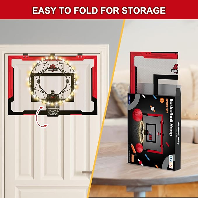 24" x 16" Large Basketball Hoop Indoor for Adults, Over The Door Basketball Hoop with Electronic Scoreboard/LED Rim, Big Basketball Toys Gifts Ideas for Man Kids Teens Boys Girls, Red