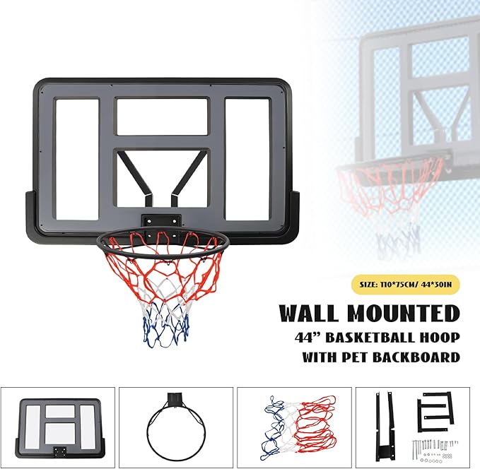 Basketball Backboard & Rim Combo,44“L*30”W Backboard,17.7in Rim Dia,Backboard Goal and Rim Kit for Adults or Kids,Wall Mount Basketball Goal,Shatter Proof PET Backboard