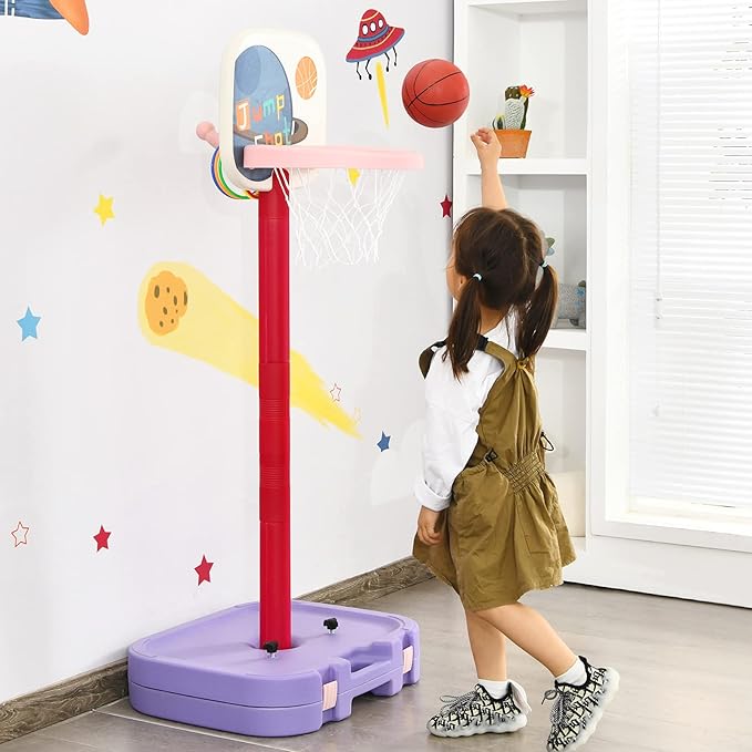 Costzon Kids Basketball Hoop, 2 in 1 Toddler Basketball Hoop Toy Set with Ring Toss & Storage Box for Boys Girls Baby, Portable Basketball Hoop Stand with Adjustable Height for Indoor Outdoor