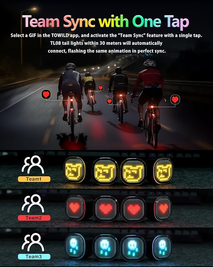 TOWILD TL08 Bike Tail Light, Customized Patterns Full-Color Bike Rear Light, Brake Sensing, USB-C Rechargeable, IPX6 Waterproof
