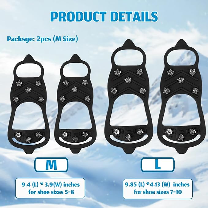 EROCK 2PCS Ice Cleats Snow Traction for Shoes and Boots, Ice Grips Traction Rubber Crampons, 8 Studs Non-Slip Overshoe Spikes Crampons Slip-on Stretch Footwear Winter Hiking Climbing Ice Fishing