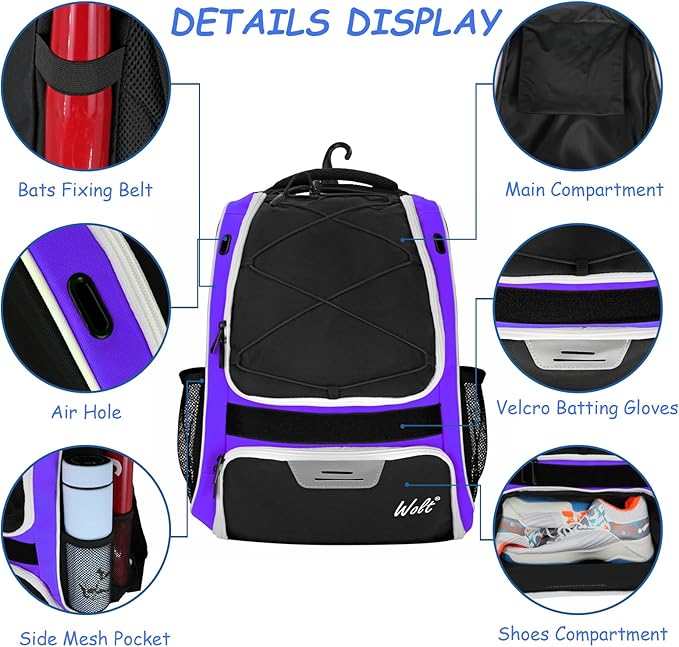 WOLT Youth Baseball Bag - Bat Backpack for Baseball, T-Ball & Softball Equipment & Gear, Bat & Glove Holder, Large Main Compartment for Helmet & accessories, Separate Shoes Compartment, Fence Hook