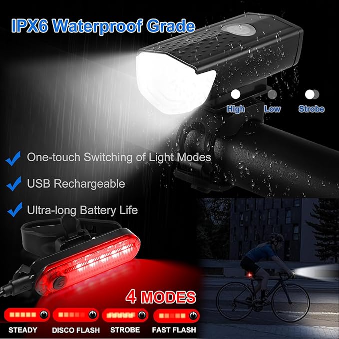 8 Pack Bicycle Accessories, Bike Light Set USB Rechargeable, 1 Bike Water Bottle Holder, Bicycle Bag and 1 Bike Aluminum Bicycle Bell,Pump