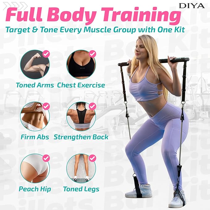 Pilates Bar Kit with Resistance Bands, Stretched Pilates Bar for Women & Men, 140 lbs Equipment for Legs, HIPS, Waist, Arms, Back, Core, Adjustable 3-Section Home Gym Kit for Full-Body Workouts