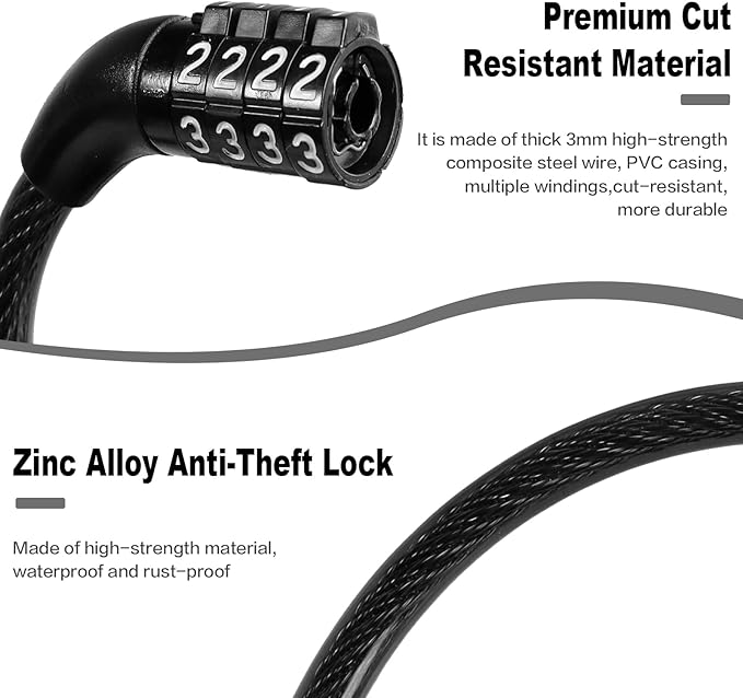 Bike Lock Cable, Bike Accessories Bicycle Lock, Bike Locks Heavy Duty Anti Theft, Combination Cable Lock for Outdoor Equipment, Black (2 Pcs, 3Ft, Preset Combo)