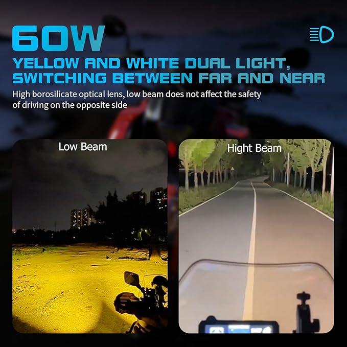 Kewig Motorcycle Auxiliary LED Light Kit Driving Spotlights White/Amber Fog Light with Mount Brackets Wire Harness Waterproof 60W Offroad Work Lights Compatible with Motorcycle J-eep Car Truck