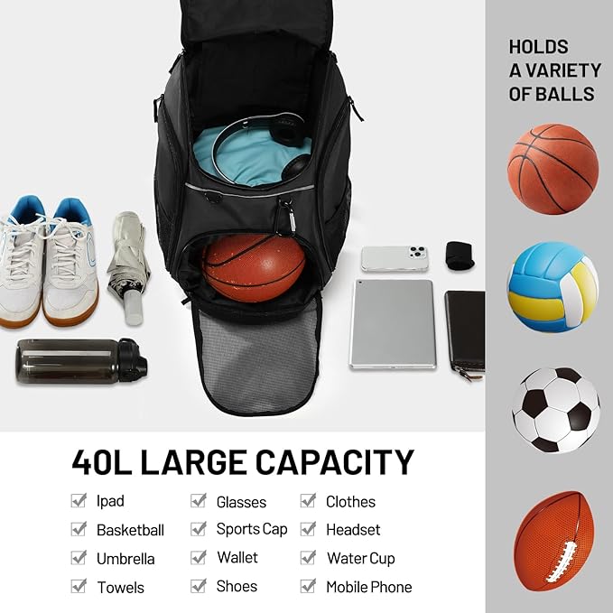 MIER Gym Backpack 40L Basketball Backpack with Ball Compartment & Shoes Storage Multi-Functional Sports Soccer Bag Large Equipment Back Pack Volleyball Backpacks for Men Women