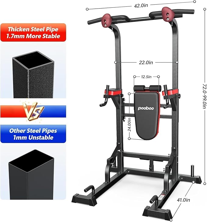 Pooboo Power Tower Dip Station Pull Up Bar for Fitness Home Gym Workout,Multi-Function Adjustable Height Fitness Strength Training Exercise Equipment,with Power Elastic Ropes