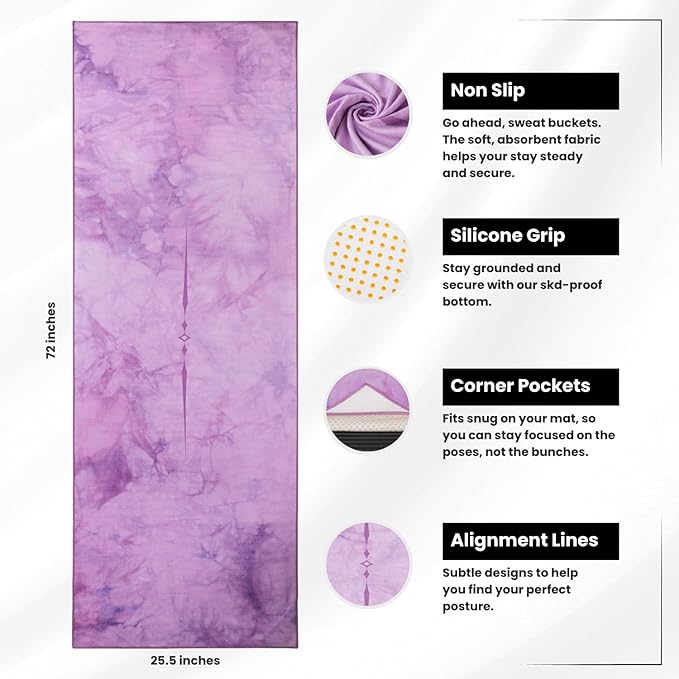Yoga Drip Yoga Towel - Non Slip Hot Yoga Mat Towel With Corner Pockets, No-Skid Grip, and Built-in Alignment Lines | Soft, Moisture Wicking, and Sweat Absorbent | No Bunching, Stays in Place 72" x 25"