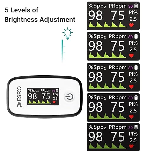 ESPOO Pulse Oximeter with 20 Memory, Oxygen Monitor Fingertip 4 Color TFT Display(SPO2), Alarm & Brightness Adjustable, Batteries & Lanyard Include(White&Black)
