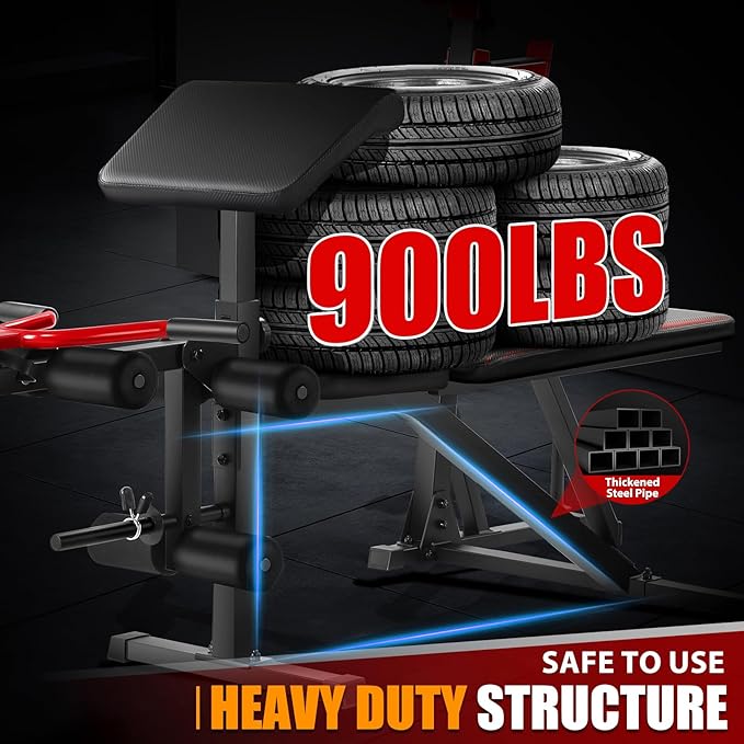 OPPSDECOR Professional Weight Bench Set with Barbell/Squat Rack, 900LBS Heavy Duty Bench Press Set with Leg Curl/Extension and Preacher Curl, Adjustable Full-Body Workout Bench for Home Gym Fitness