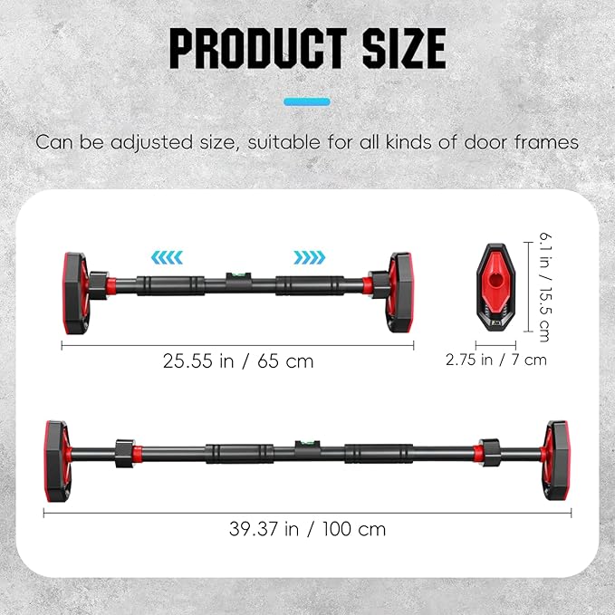 Pull Up Bar for Doorway, Adjustable Pull Up Bar, 25.5“-39.4” Telescopic Upper Body Strength Training System with Locking, Max 440lbs Steel Portable Door Frame Pullups BAR for Home, Gym