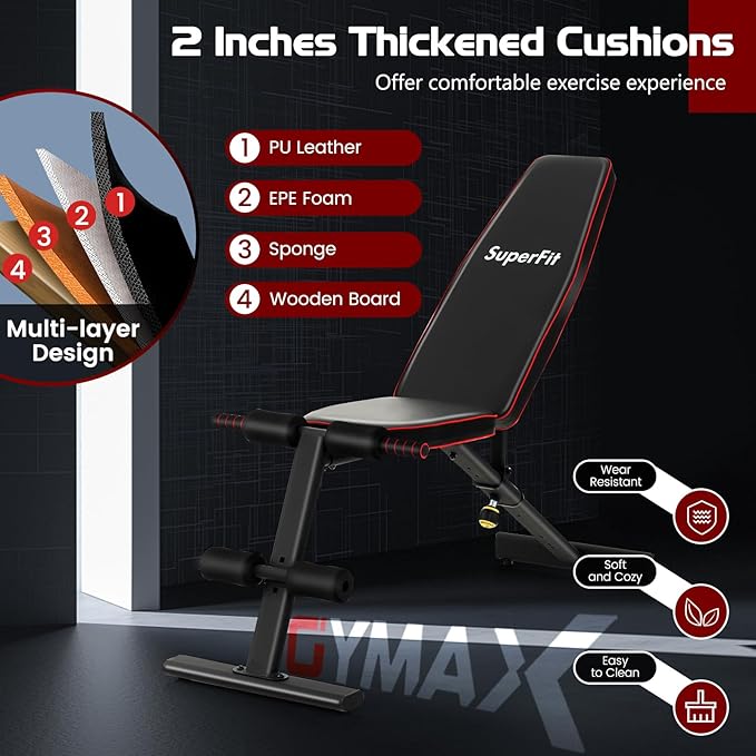 GYMAX Weight Bench, Adjustable Bench Press with 8 Back Positions & 3 Foot Positions, Padded Back & Seat Cushions, Incline/Decline/Flat Workout Bench for Weight Lifting Strength Training Home Gym