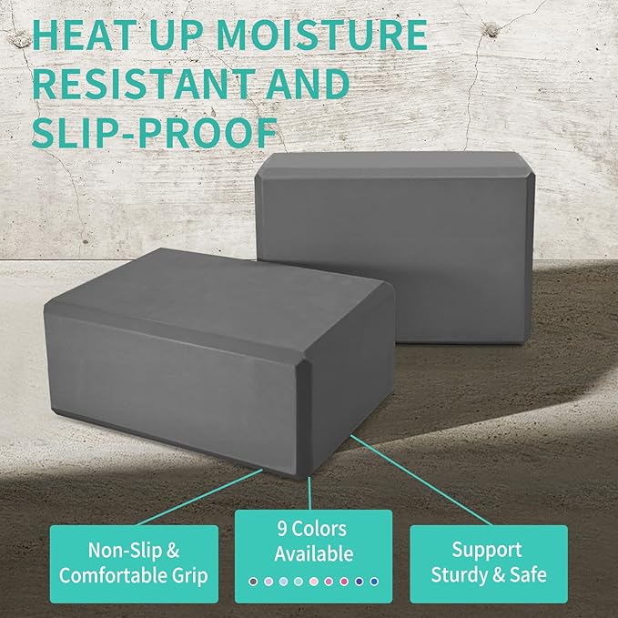 Yoga Block 2 Pack 9"x6"x3", Sturdy Yoga Foam Blocks, High Density & Non Slip Surface for Pilates & Stretching, Fitness Accessories for Stability & Balance