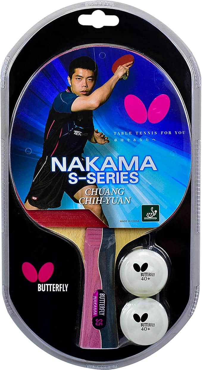 Butterfly Nakama Shakehand Ping Pong Paddle - Recommended for Beginner & Intermediate Level Players - Includes Two Free 40+ Balls - International Table Tennis Federation Approved