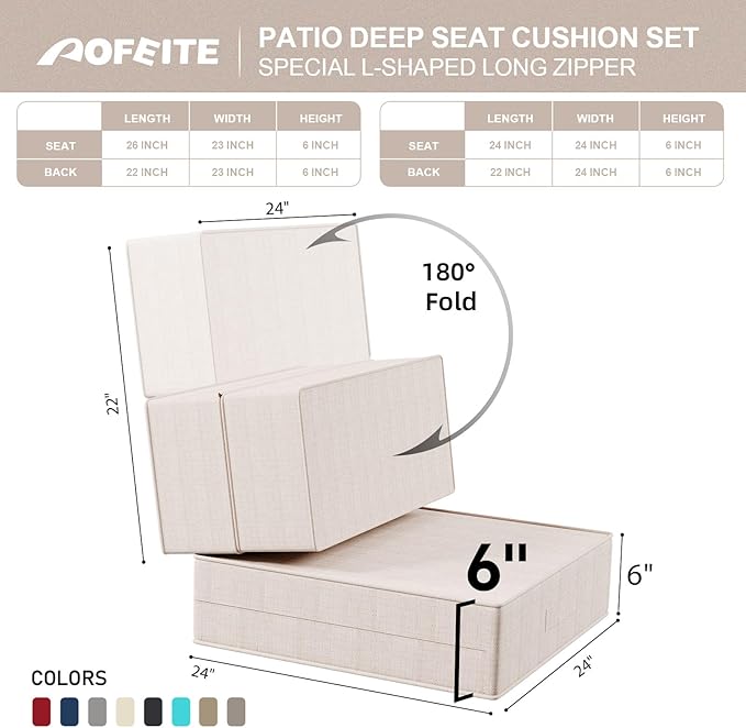 6 Inch Thick Foldable Deep Seat Cushion, 2 PCS 24 x 24 Inch Outdoor Water &Fade Resistant Olefin Patio Furniture Replacement Chair Cushion, with Removable Cover, Handle and Straps, Light Beige