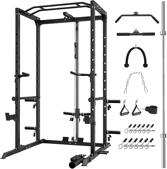 Power Cage, Multi-Functional Power Rack with J-Hooks, Dip Handles, Landmine Attachment and Optional Cable Pulley System for Home Gym