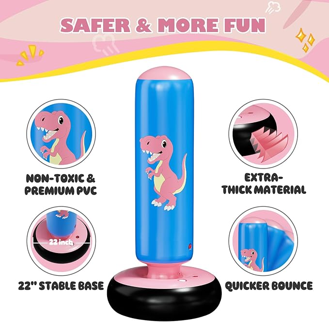 QPAU Inflatable Punching Bag, 48 Inch Stable Inflatable Boxing Bag for 3-6 Kids,Dinosaur Toy & Gifts for Boys and Girls, Kids Boxing Set for Practicing Karate, Taekwondo