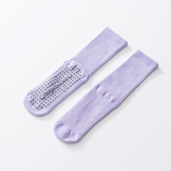 Yoga Pilates Socks with Grips for Women Non Slip Solid Colored Cushioned Crew Compression Socks for Barre Ballet Dance