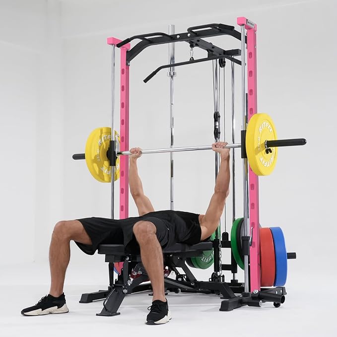 RitFit Smith Machine Power Rack with LAT-Pull Down System, Landmine, Barbell Bar, Plate Storage Pegs and More Training Attachment