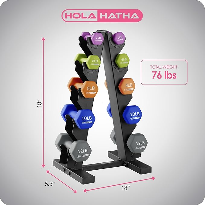 HolaHatha 2, 3, 5, 8, and 10 Pound Neoprene Dumbbell Free Hand Weight Set with Rack, Ideal for Home Exercises to Gain Tone and Definition, Pastel
