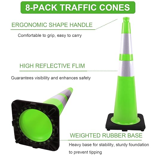 OrangeStar 8-Pack 36" Traffic Safety Cones, Green Construction Parking Cones with Reflective Collars, Heavy Weighted Base for Traffic Control, Construction, Parking Lots, Indoor & Outdoor Use