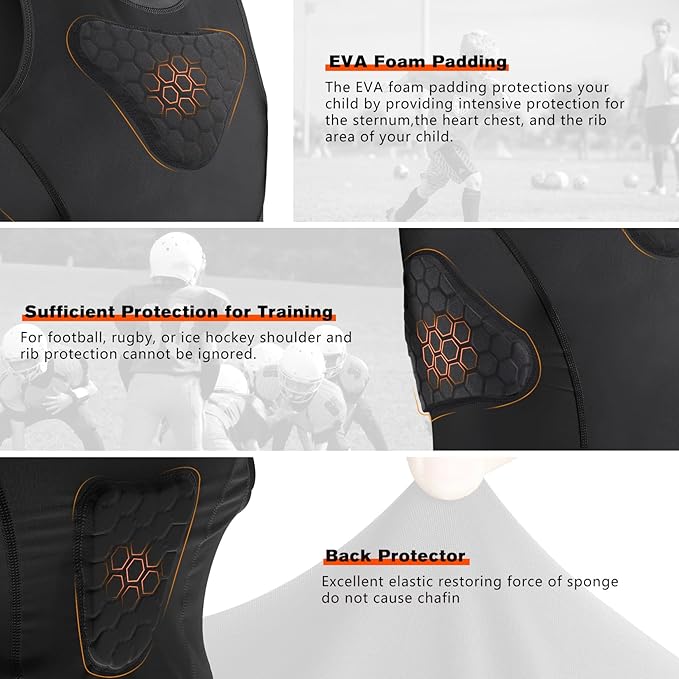 Youth Padded Compression Shirt Rib Protector for Football Protective Gear Baseball Padded Shirt Kid Child Boys