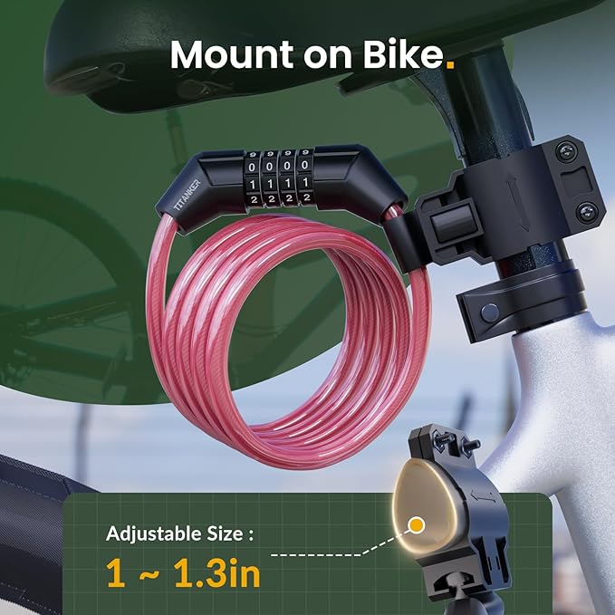 Titanker Bike Lock Cable, 4 Feet Bike Cable Lock Basic Self Coiling Kids Bike Lock Combination with Complimentary Mounting Bracket, 5/16 Inch Diameter (4FT, Pink-8mm)