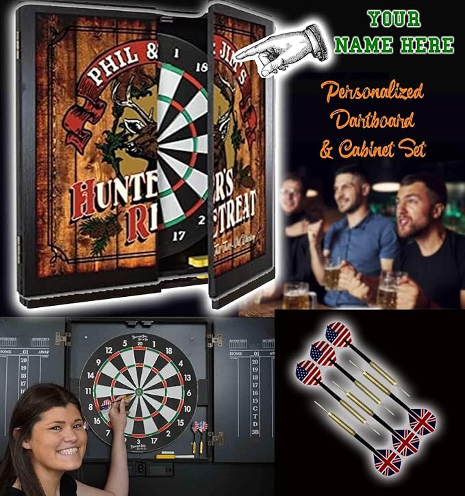 THOUSAND OAKS BARREL CO. | Personalized Dartboard & Cabinet Set with 6 Steel Tip Darts