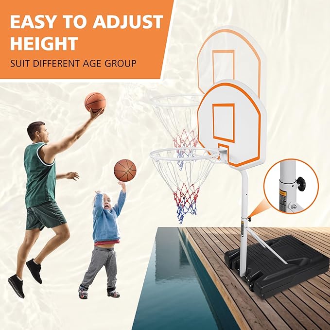 Pool Basketball Hoop, Adjustable Poolside Basketball Hoop with Wheels, Outdoor Height Adjustable Swimming Pool Basketball Goal Set, Perfect for Swimming Pool & Home Play