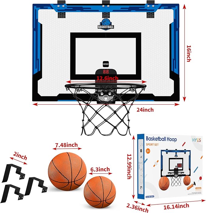 24" x 16" Large Basketball Hoop Indoor for Adults, Over The Door Hoop with Sturdy Backboard, Big Basketball Toys Gifts Ideas for Man Kids Teens Boys Girls, Blue