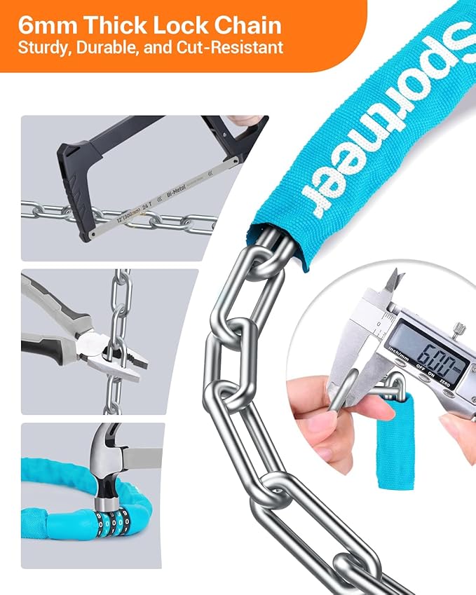 Sportneer Bike Lock: 5 Digit Combination High Security Anti Theft Bike Chain Lock - 3.2/3.6/4ft Heavy Duty Keyless Bicycle Lock for Bike, Motorcycle, Scooter, Door & Gate - 4/6mm Thick, Easy to Use