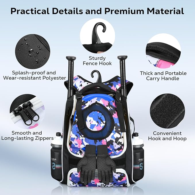 MoKo Baseball Bag, Softball Bag with External Helmet Holder & Fence Hook for T-Ball Bat Softball Equipment, Lightweight & Breathable Baseball Backpack with Shoe Compartment for Youth & Adult, Black