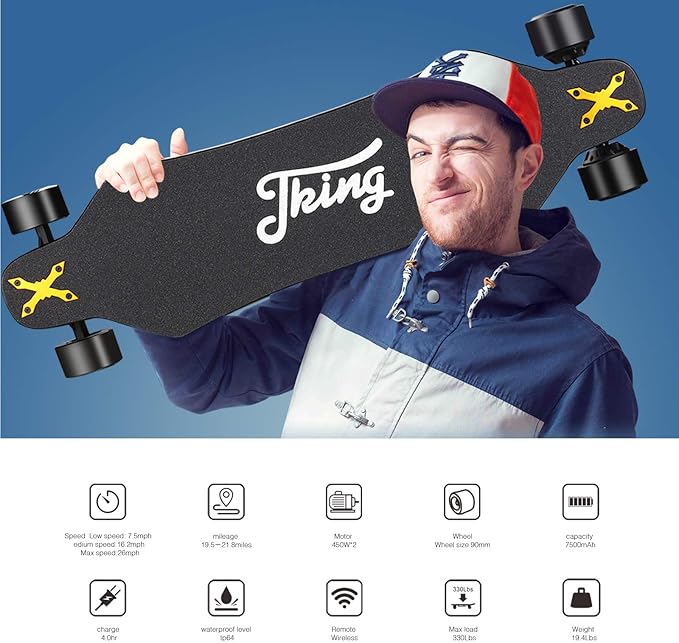 JKING Electric Skateboard Electric Longboard with Remote Control Electric Skateboard,900W Hub-Motor,26 MPH Top Speed,21.8 Miles Range,3 Speed Adjustment,Max Load 330 Lbs,6 Months Warranty