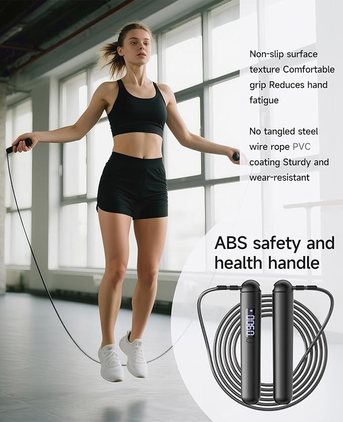 Smart Jump Rope – Customisable Calorie, Count and Time Settings Jump Ropes, Adjustable Steel Wire Skipping Rope with LED Display, for Men Women Fitness and Workout