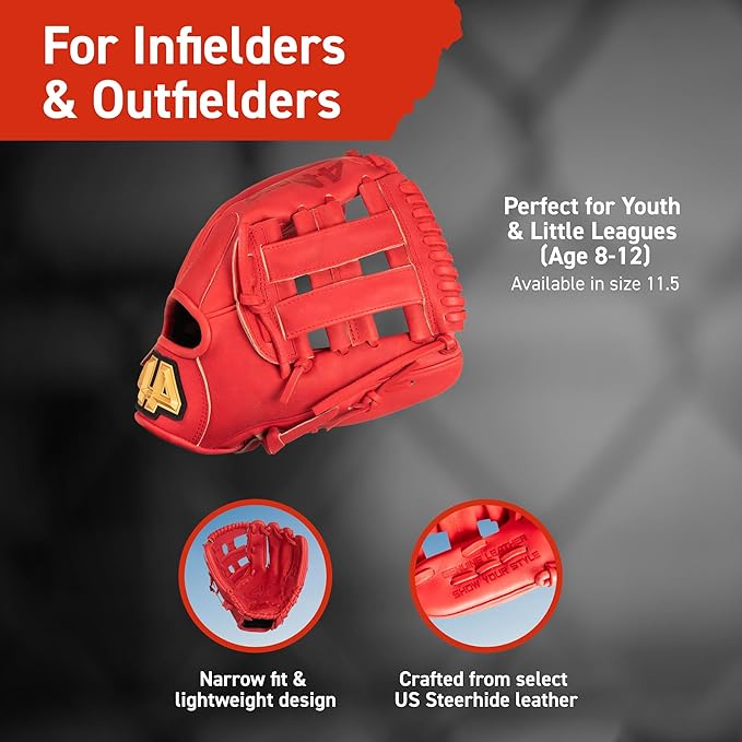 BB Stock Rise Baseball Glove for Youth & Little Leagues, Age 8-12, Infield & Outfield, 11.5", H-Web, Easy Break-in, Narrow Fit & Lightweight Design