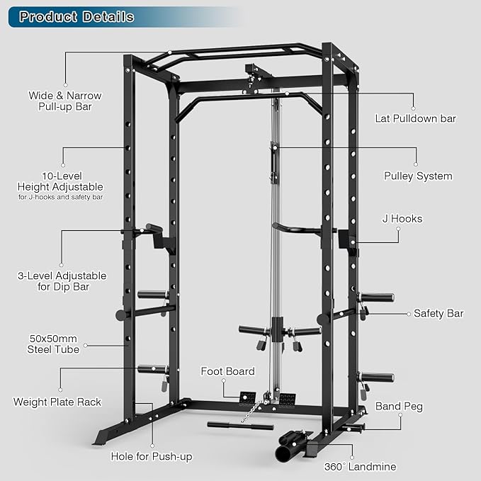 Power Cage, Multi-Functional Power Rack with J-Hooks, Dip Handles, Landmine Attachment and Optional Cable Pulley System for Home Gym