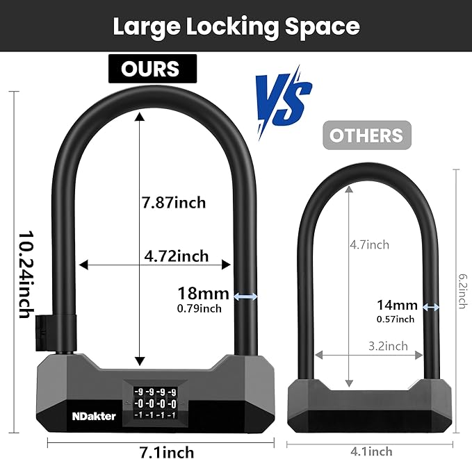NDakter Bike Locks Heavy Duty Anti Theft,18mm Bicycle Combo U Lock with 5FT Cable, 4-Digit Resettable Combination Electric Scooter Lock with 2Keys and Bracket for Tricycle, Moped, Motorcycle(Gray)